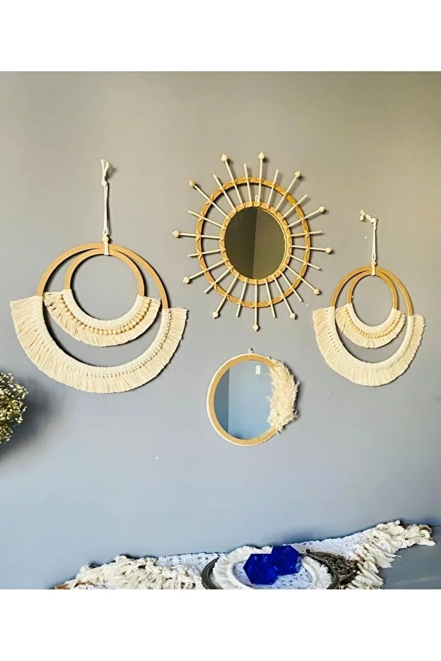 Makrome Bambu Ve Ahşap Ayna Duvar Dekorasyon Ürünü 4’lü Set